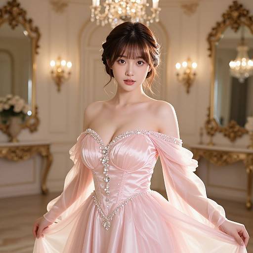 Photograph of a beautiful Asian woman with fair skin, dark hair in a bun, wearing an off-shoulder, pink satin ball gown with silver