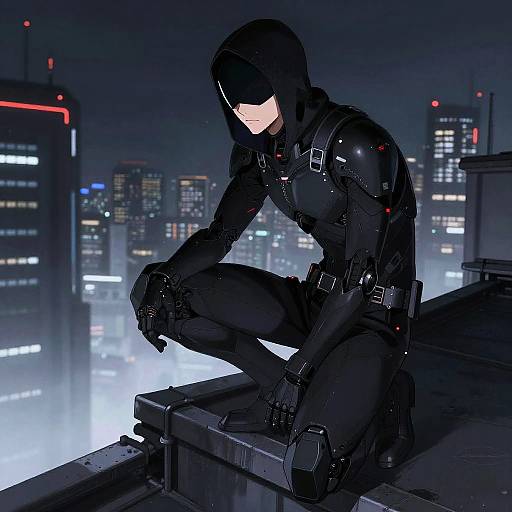Anime Cyborg Assassin on Rooftop