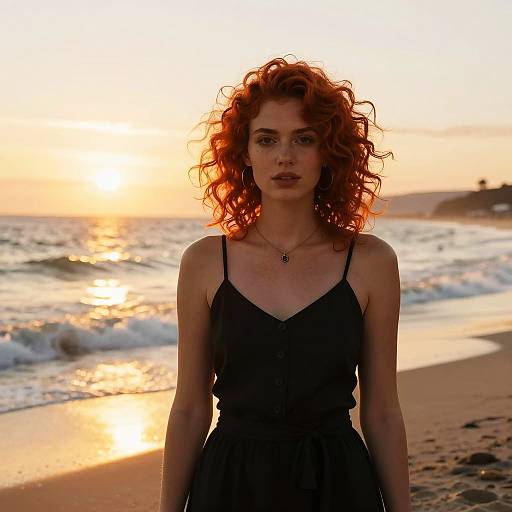 Red-haired woman on beach at sunset