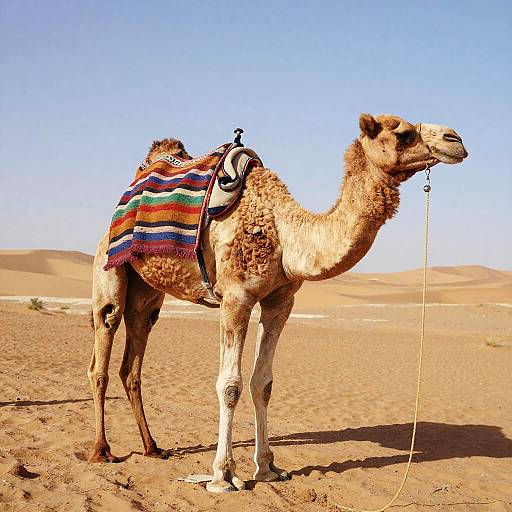 Photograph of a tan camel with a colorful striped blanket, standing in a sunny, sandy desert with distant hills.