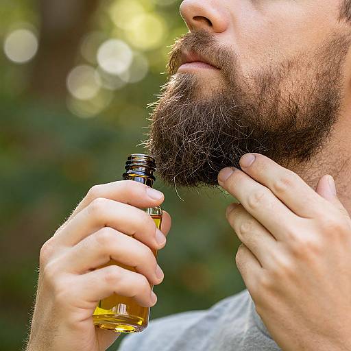 Close-up photograph of a bearded man with fair skin, holding a small amber bottle to his lips in a sunlit forest.