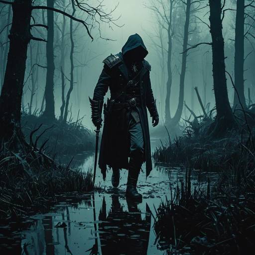 Hooded Occult Crusader in Foggy Swamp