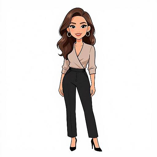 Digital illustration of a confident woman with long brown hair, wearing a white blouse, black pants, and black heels, standing against a white background. She