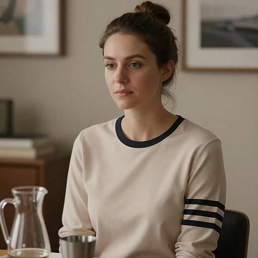 Woman in Beige Shirt Sitting at Table