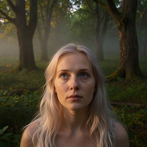Photograph of a young blonde woman with blue eyes, standing in a misty forest, illuminated by soft sunlight filtering through trees.