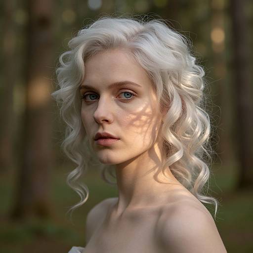 Photograph of a fair-skinned woman with platinum blonde, curly hair, blue eyes, and bare shoulders, standing in a forest with dappled
