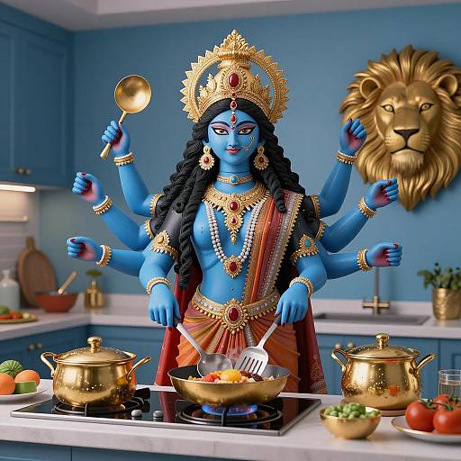 Durga Cooking in a Modern Kitchen
