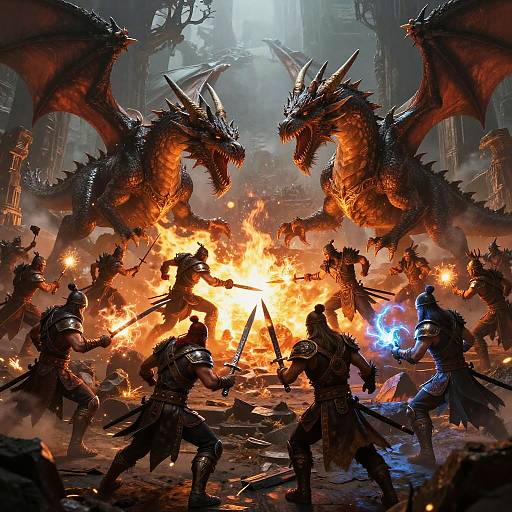 Epic fantasy battle: armored warriors with swords fight two massive, fiery dragons amidst intense flames and smoke in a dark, ruined cathedral. Dynamic, dramatic