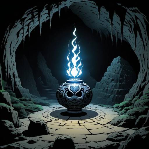 Manga-style Cursed Artifact in Dark Cave