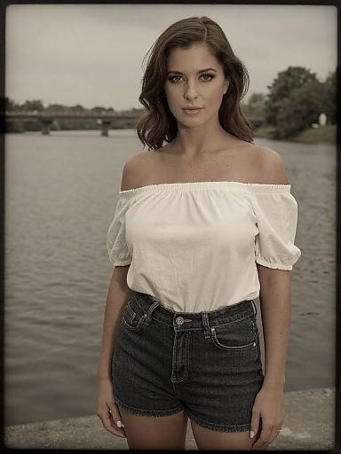 Photograph of a young woman with wavy brown hair, wearing an off-shoulder white blouse and denim shorts, standing by a river.