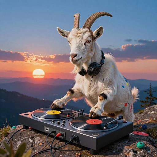 Photograph of a white goat with black horns and headphones, DJing on a two-turntable setup at sunset on a mountain peak.