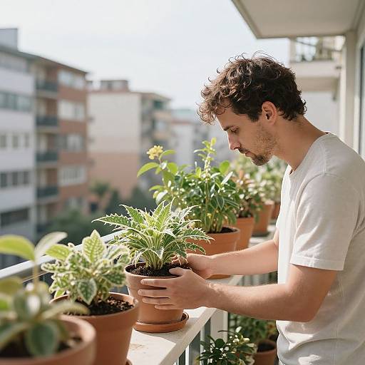 Photograph of a young, curly-haired man in a white t-shirt, tending to potted plants on a sunlit balcony with city buildings in