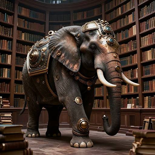 Photorealistic CGI of an armored elephant with brass and silver accents, standing in a grand, dimly lit library with towering bookshelves.