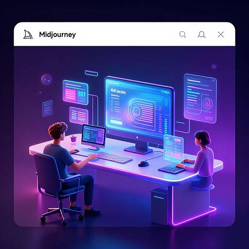 Digital illustration of two people working on a neon-lit, futuristic desk with multiple glowing screens, in a dark room. 