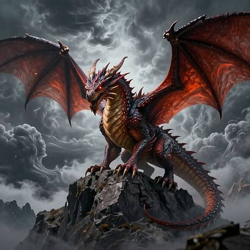 Digital artwork of a fierce, red and black dragon with glowing eyes, large wings, and sharp spikes, standing on a rocky peak under a stormy