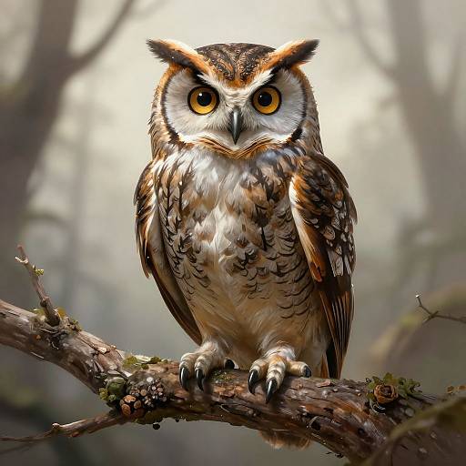 Photorealistic image of a detailed brown and white owl with large yellow eyes, perched on a mossy branch in a misty forest.
