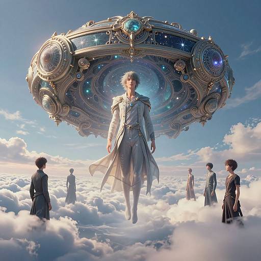Digital artwork: Elegant, silver-haired man in white suit floats above clouds, surrounded by five others, under a glowing, ornate, spaceship-like structure
