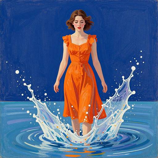 Digital painting of a fair-skinned woman with short brown hair, wearing an orange dress, splashing through blue water against a deep blue background. Vibr