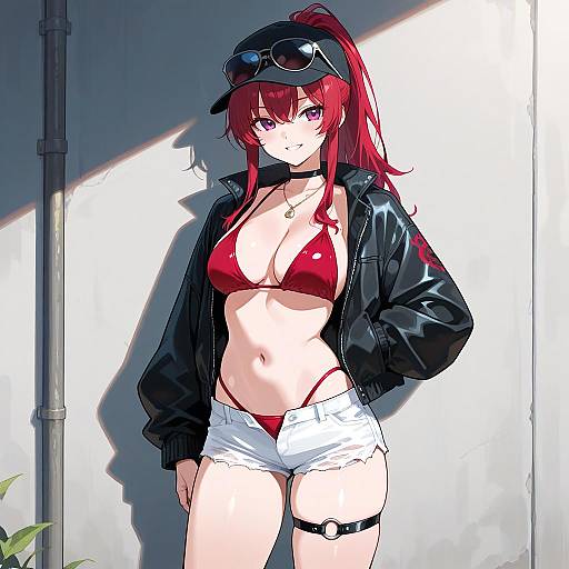 Anime-style digital drawing of a red-haired girl with purple eyes, wearing a red bikini, black leather jacket, white shorts, and black cap with sunglasses