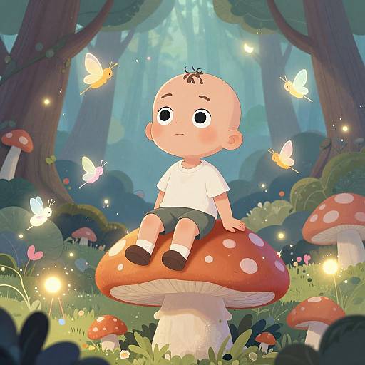Cartoon image of a bald child with black hair tufts, wearing a white shirt and black shorts, sitting on a red mushroom in a magical forest