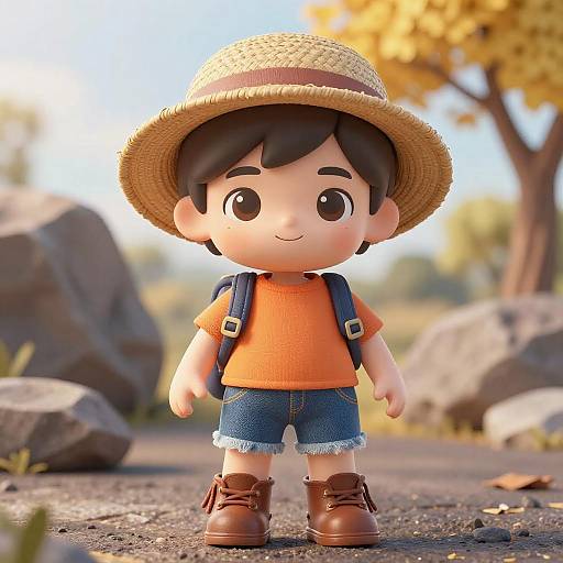 CGI image of a cute, cartoon-style boy with brown hair, wearing an orange shirt, denim shorts, brown boots, straw hat, and blue