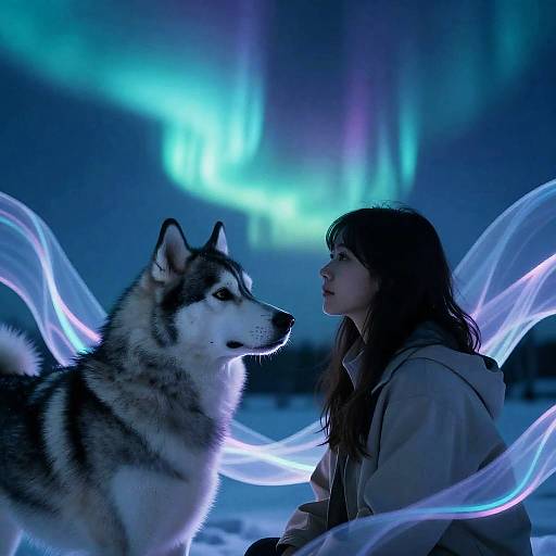 Dreamy Woman and Husky Under Northern Lights