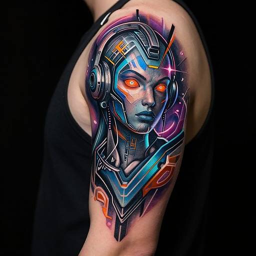 Vividly colored, futuristic cyberpunk tattoo on a muscular arm, featuring a glowing, orange-eyed robotic face with intricate blue, purple, and orange