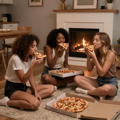 Friends Enjoying Pizza by Fireplace