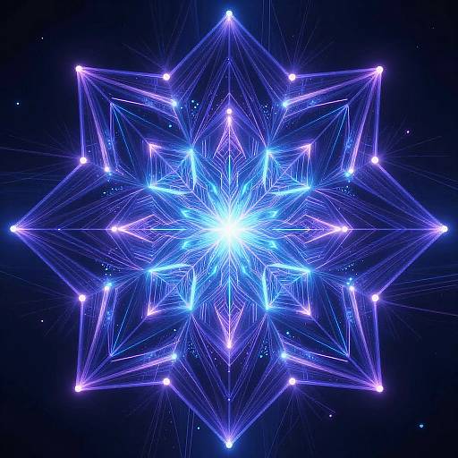 Digital art of a glowing blue geometric starburst pattern with bright white center, surrounded by neon purple lines and points on a dark blue background.
