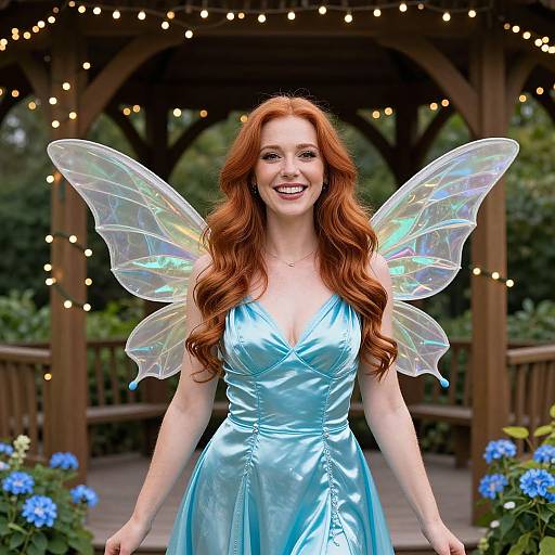 Cheerful Fairy Woman in Blue Satin