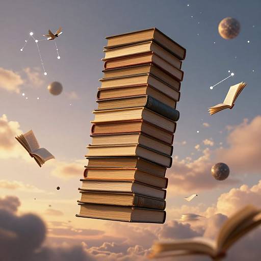 Stack of floating books against a twilight sky with planets, stars, and flying birds; whimsical, surreal digital art.