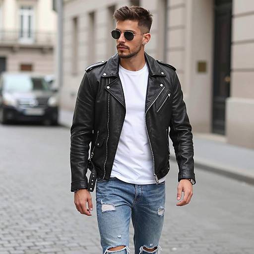 Stylish young man in leather jacket walking on urban street