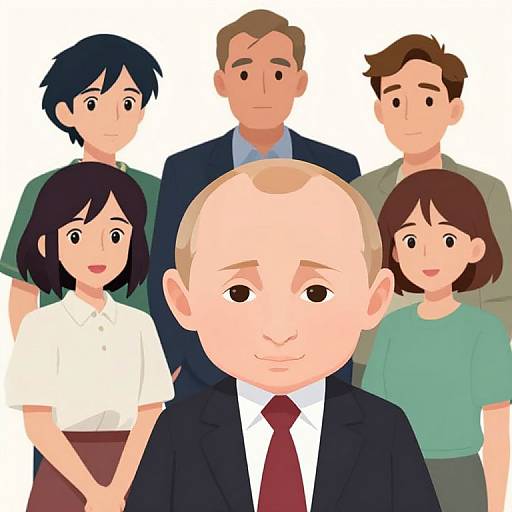 Digital illustration of a smiling, bald man in a suit with a red tie, surrounded by six diverse, smiling family members.