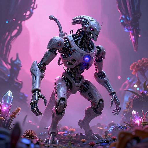 CGI sci-fi image of a glowing, cybernetic humanoid robot with metallic limbs and blue light eyes, standing in a vibrant, pink-lit