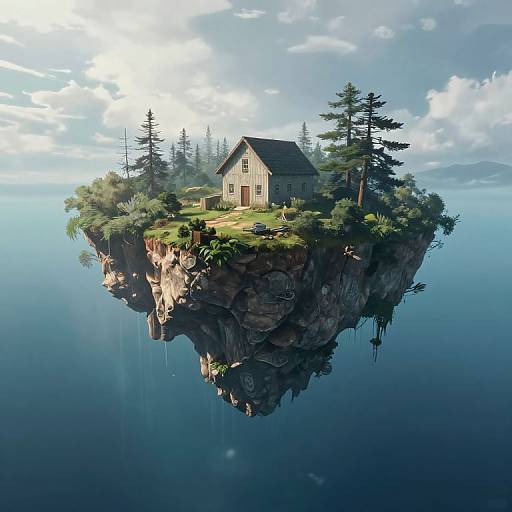 Digital art of a small, grassy, rocky island with a quaint, wooden house, surrounded by trees and floating above a calm, blue sea.