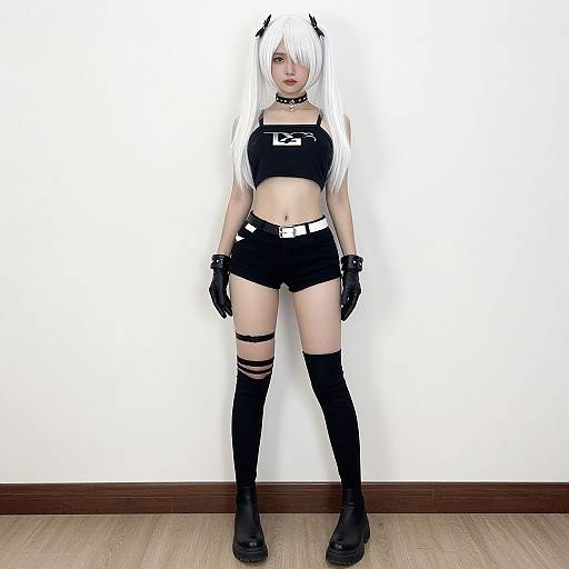 Photograph of a pale-skinned woman with white hair, black crop top, shorts, thigh strap, gloves, and boots, standing against a plain