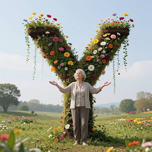 Photograph of an elderly woman with short white hair, wearing a light blouse and gray pants, standing arms outstretched before a large, flower-ad