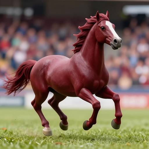 Photograph of a powerful, red chestnut horse with a white blaze, galloping on a green grass field in front of a blurred, colorful