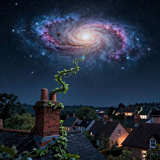 Photograph of a suburban night sky with a glowing spiral galaxy above brick chimneys, vines climbing, and lit houses below.