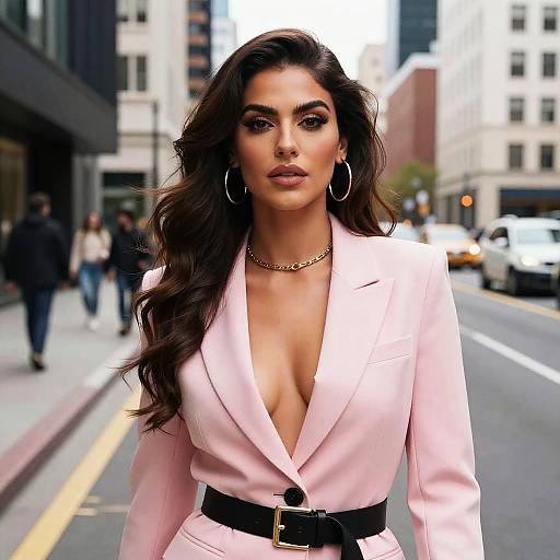 Photograph of a confident woman with long, wavy brown hair, wearing a low-cut pink blazer, black belt, gold chain necklace, and