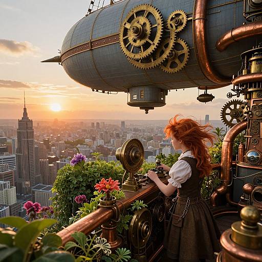 Steampunk girl with red hair and floral dress, adjusting clock on intricate airship, overlooking cityscape at sunset, surrounded by vibrant flowers.