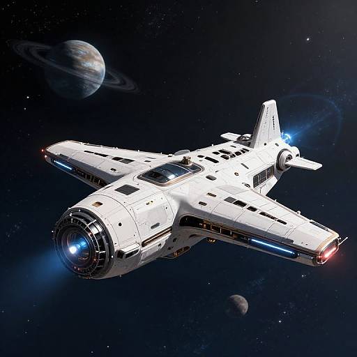 Digital illustration of a white, futuristic spaceship with blue and red lights, flying through space with a planet and moon in the background.