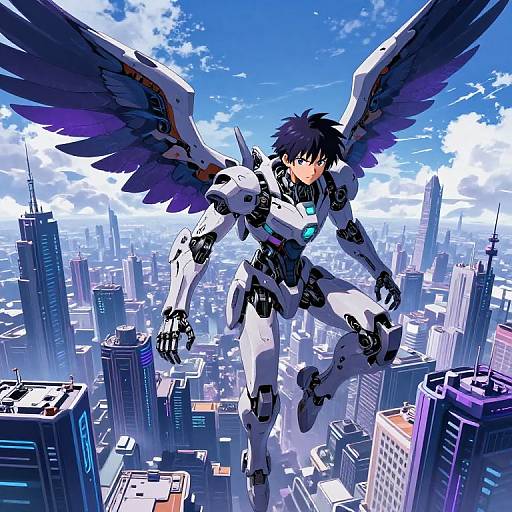 Digital anime artwork of a futuristic, winged humanoid in white and black armor soaring above a vibrant, blue-sky cityscape with skyscrapers.
