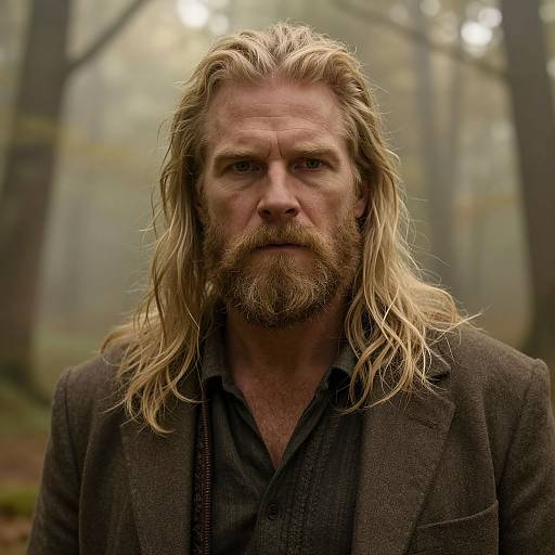 Rugged Blonde Man in Misty Forest