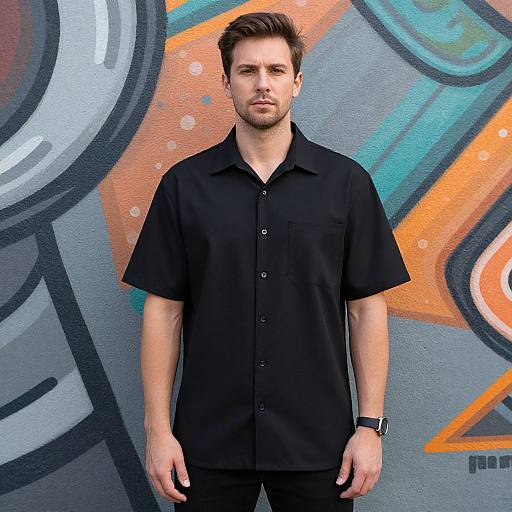 Photograph of a bearded, brown-haired man in a black short-sleeve shirt standing against a colorful, abstract graffiti wall.
