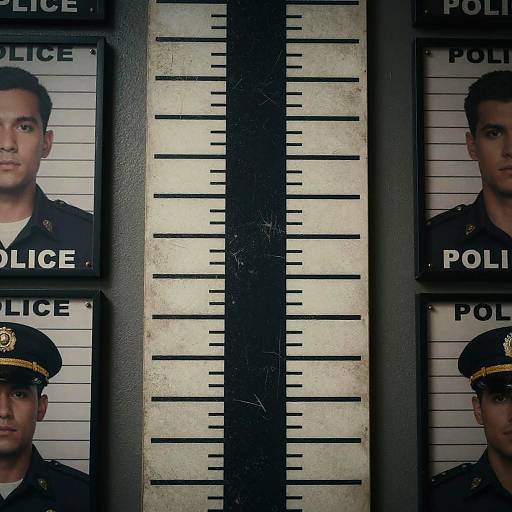 Photograph of three police lineup posters with black and white headshots, centered vertical height chart, and 