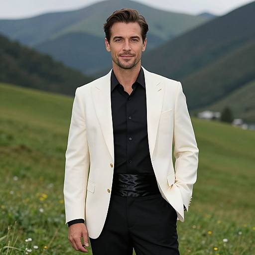 Photograph of a handsome man with short brown hair, light stubble, wearing a black shirt and white blazer, standing in a lush green mountain