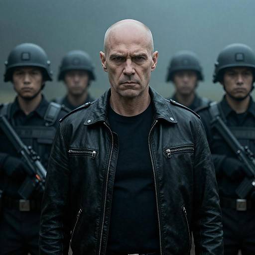 Intense Middle-Aged Man Amidst Guards