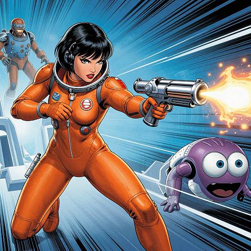 Comic-style illustration: Black-haired woman in orange space suit, firing laser gun, blasts purple, wide-eyed alien, while armored man runs behind. Blue