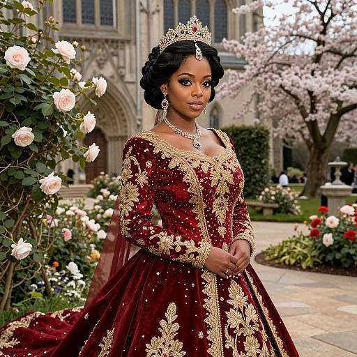 Photograph of an African-American woman in a detailed, maroon and gold embroidered ball gown, tiara, and jewelry, standing in a blooming